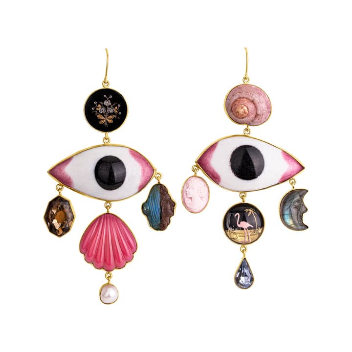 Pink Enamel Eye and Flamingo Earrings